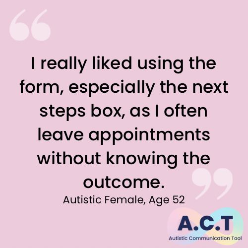 Quote: I really liked using the form, especially the next steps box, as I often leave appointments without knowing the outcome